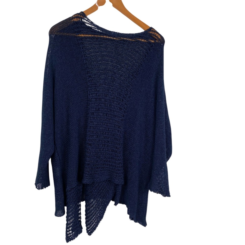 B&K Moda Womens Sweater Open Knit Asymmetrical Lagenlook Boho Navy Blue One Size